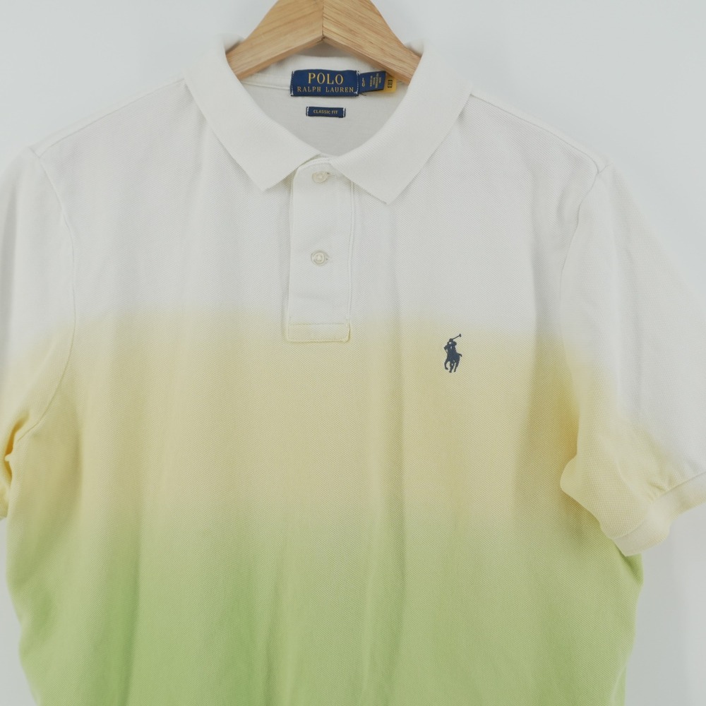 Polo Ralph Lauren Polo Shirt Mens Large White Ombre Dip Dye Classic Fit Cotton